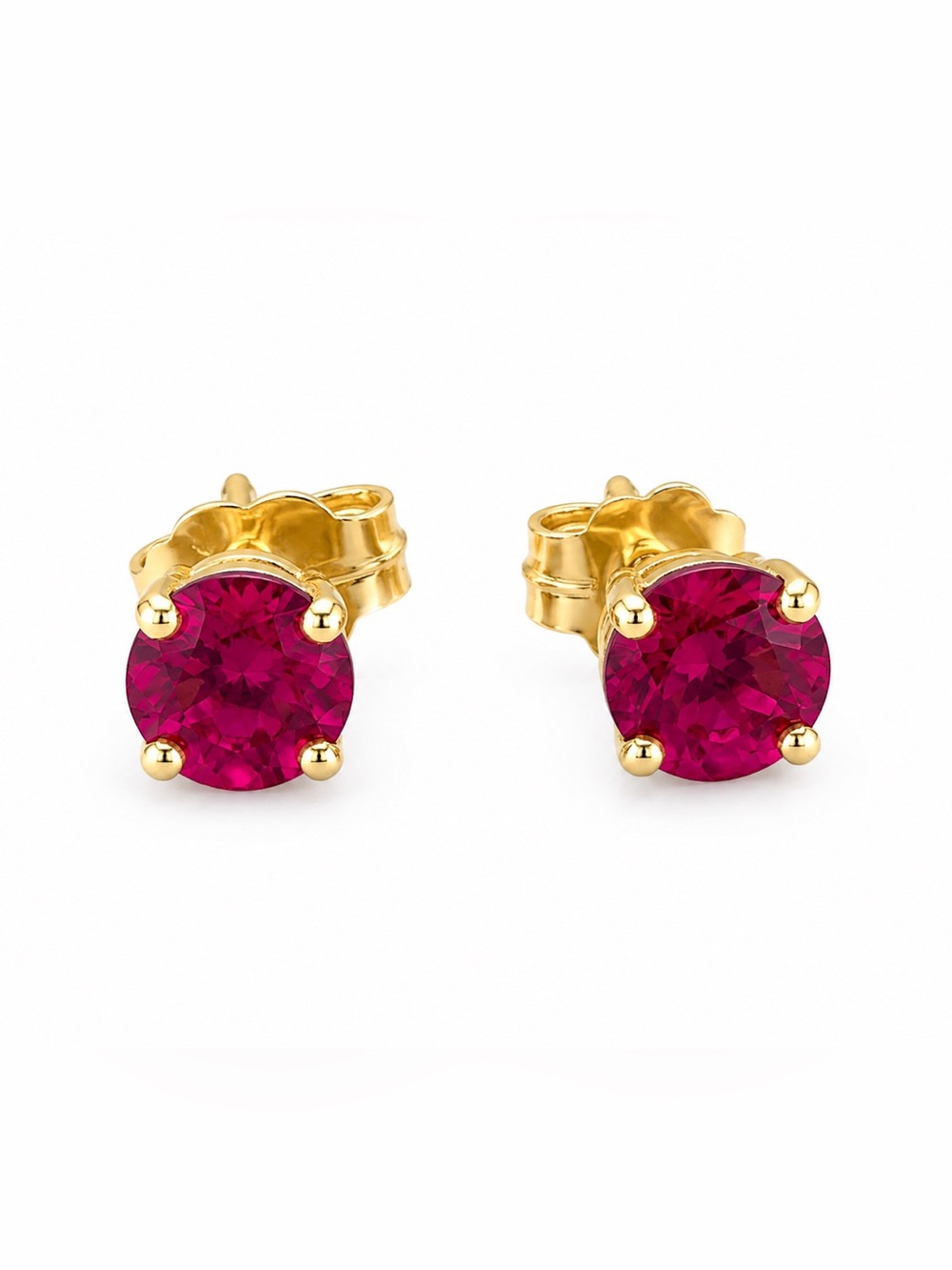 Solid 14K Yellow Gold Lab Created Ruby Stud Earrings 4mm Round July Birthstone